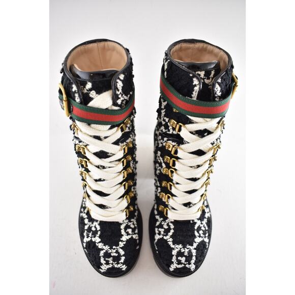 Gucci Black White GG Logo Tweed Lace Up Tie Block Heel Lug Sole Combat Boot 36.5 - Picture 12 of 16